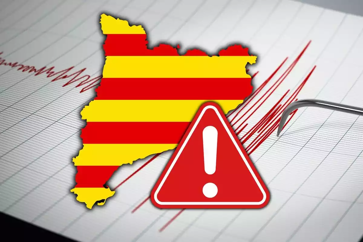 Silueta de Catalunya amb emoji de perill i una foto de fons d'un terratrèmol sent registrat