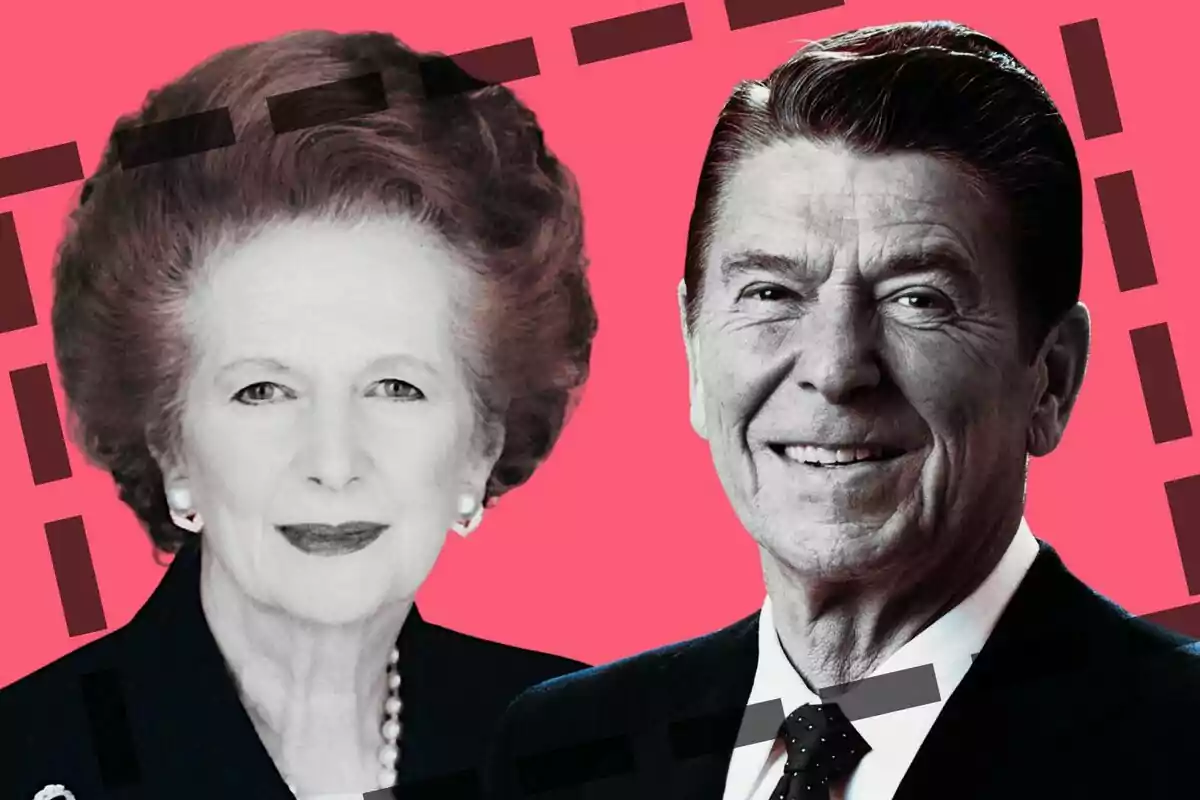 Margaret Thatcher i Ronald Reagan amb fons rosa i elements gràfics negres.