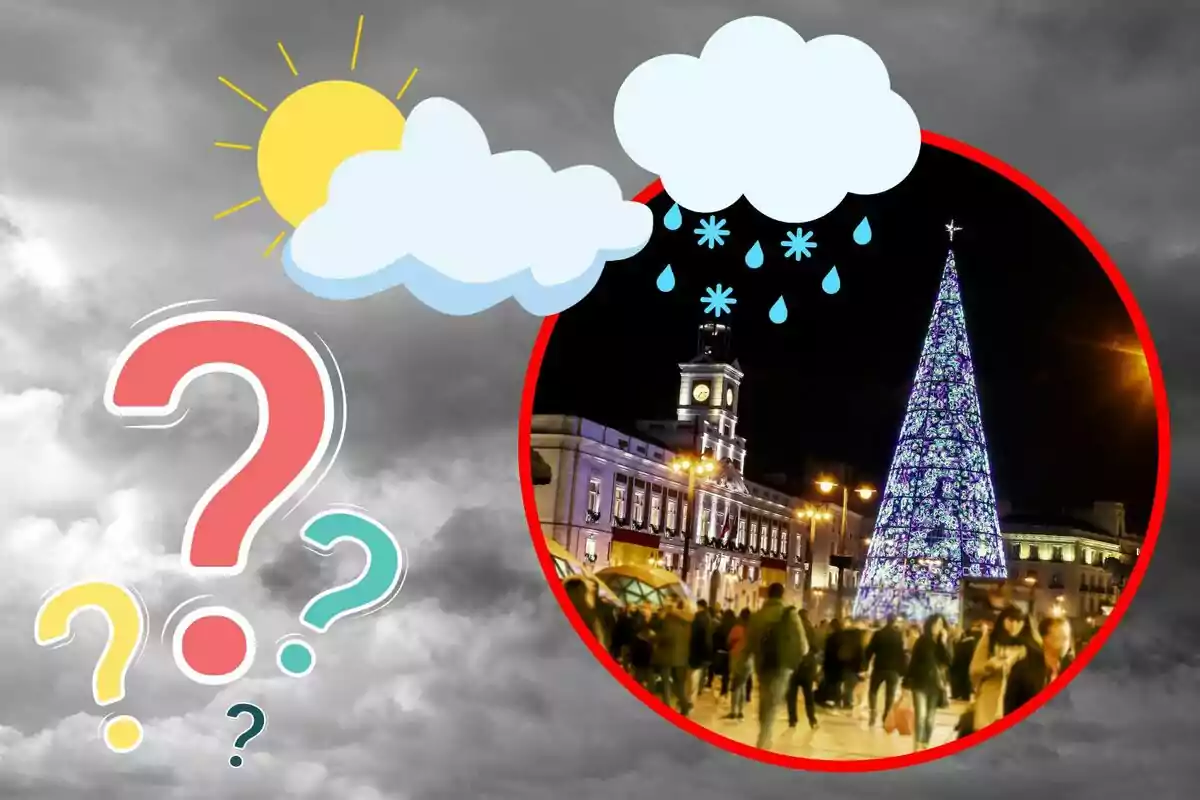 Il·lustració d´un cel ennuvolat amb símbols de sol i pluja al costat d´una imatge circular d´una plaça il·luminada amb un arbre de Nadal i persones caminant.