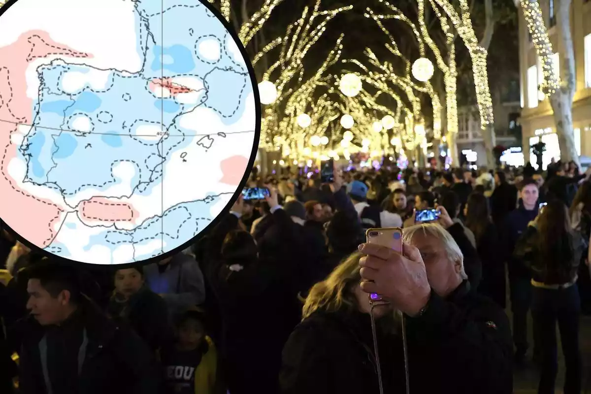 Imatge de diverses persones amb uns llums de Nadal i un mapa d'Espanya de l'AEMET