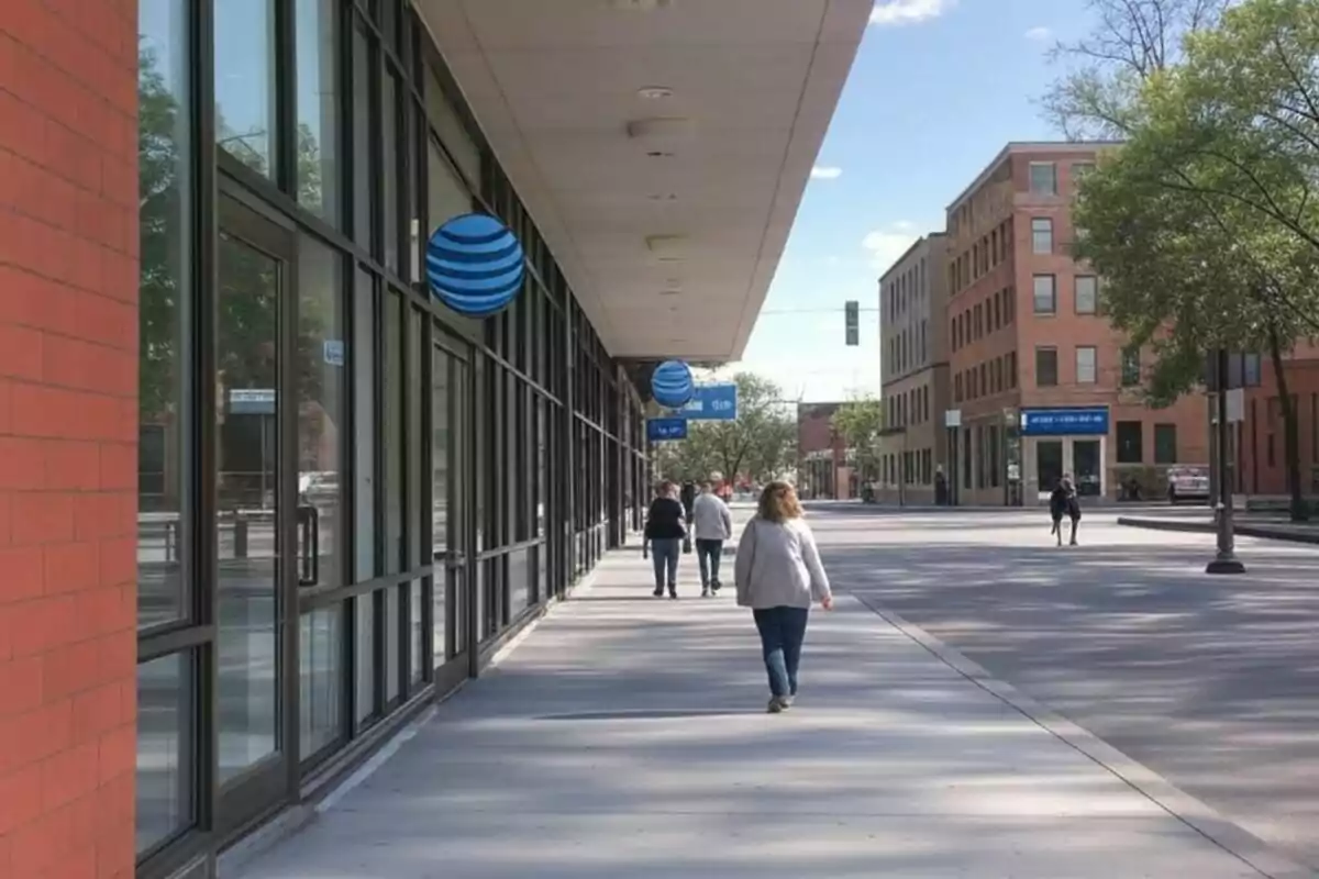 People walking on a sidewalk next to a brick building with large windows and a blue sign. People walking on a sidewalk next to a brick building with large windows and a blue sign.