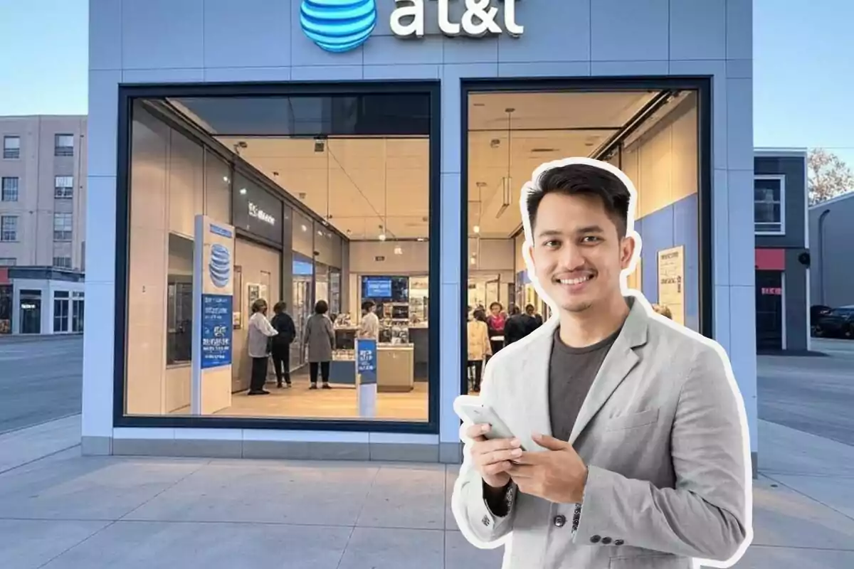 A smiling man holds a phone in front of an AT&T store with several people inside. A smiling man holds a phone in front of an AT&T store with several people inside.