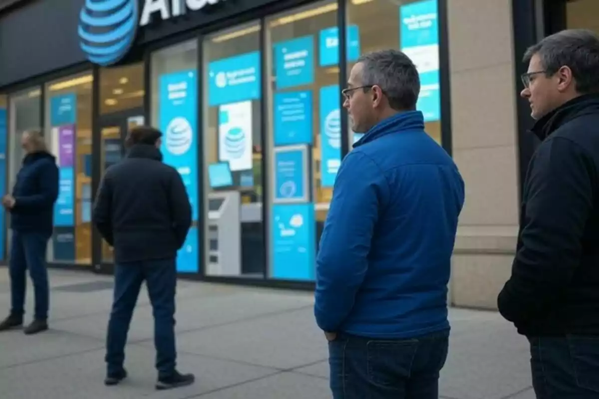 People standing in line outside a store with blue signs in the windows.