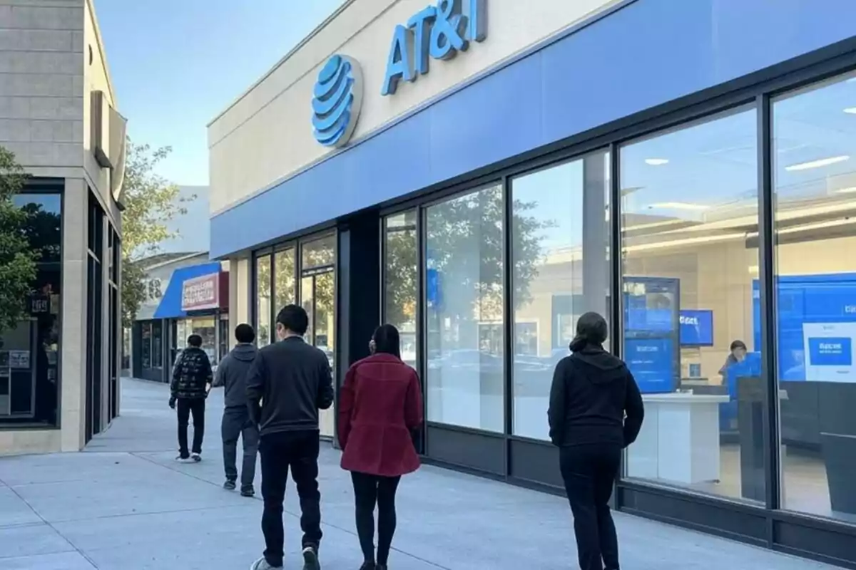 Varias personas caminan por la acera frente a una tienda de AT&T con grandes ventanales y un letrero azul. Varias personas caminan por la acera frente a una tienda de AT&T con grandes ventanales y un letrero azul.