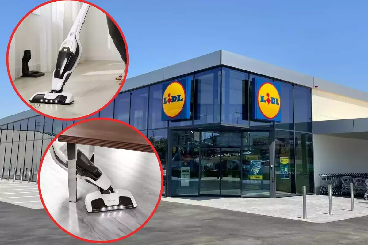 Muntatge amb façana de supermercat Lidl i dos cercles que mostren el funcionament de l'aspiradora de Lidl