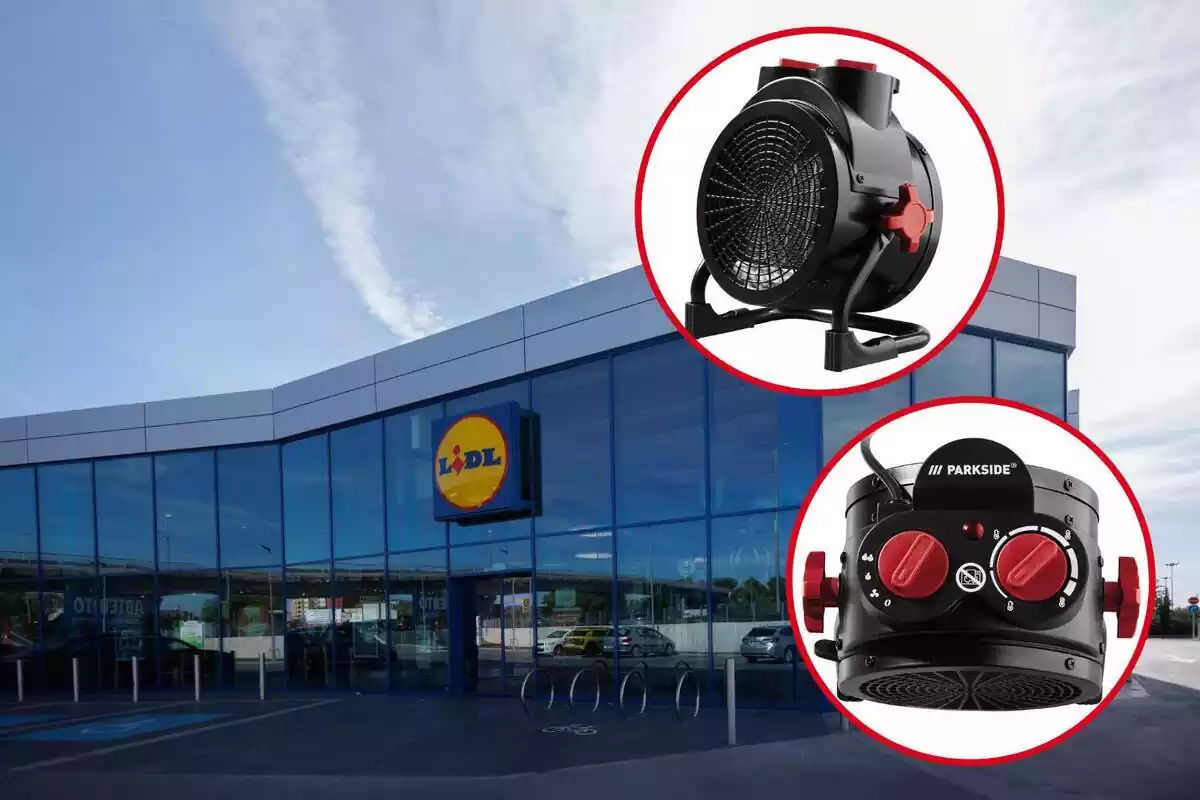 Muntatge amb foto de l'exterior d'un supermercat de Lidl i dos cercles amb diferents perspectives del ventilador calefactor de Lidl