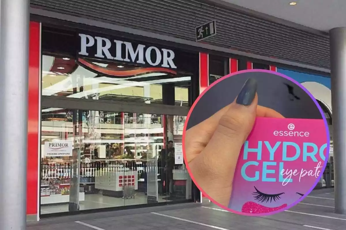 Muntatge amb l´exterior d´una botiga de Primor i un cercle amb una mà amb els pegats d´ull hydro gel d´Essence