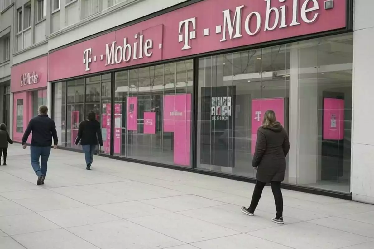 Personas caminando frente a una tienda de telefonía móvil con fachada rosa. Personas caminando frente a una tienda de telefonía móvil con fachada rosa.