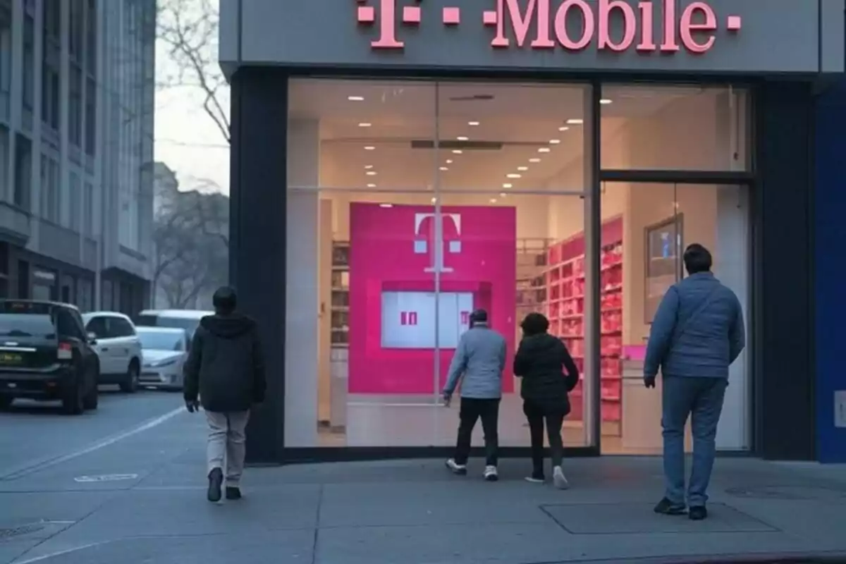 Personas caminando hacia la entrada de una tienda de T-Mobile en una calle de la ciudad. Personas caminando hacia la entrada de una tienda de T-Mobile en una calle de la ciudad.