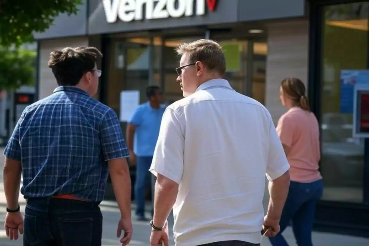 People walking in front of a Verizon store. People walking in front of a Verizon store.