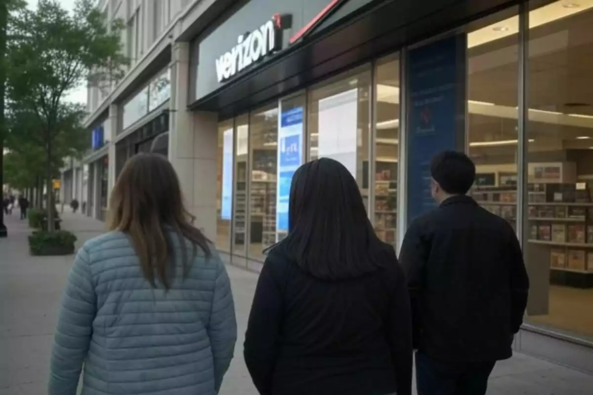 Three people walking on a sidewalk in front of a store with a visible sign. Three people walking on a sidewalk in front of a store with a visible sign.