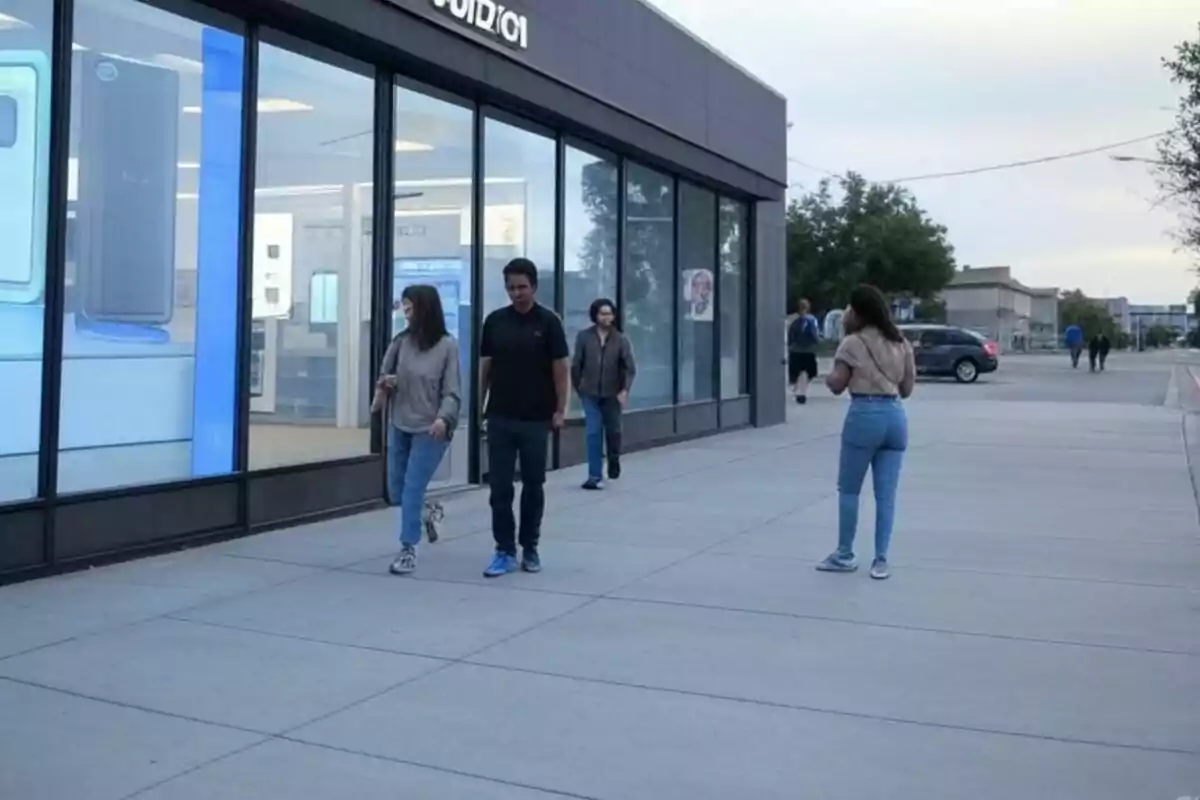 Personas caminando por la acera junto a un edificio con ventanas grandes. Personas caminando por la acera junto a un edificio con ventanas grandes.