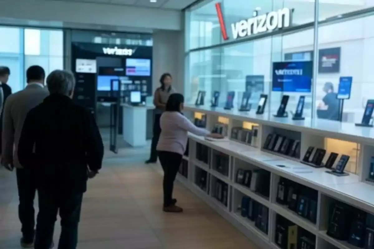 Personas caminando y observando dispositivos electrónicos en una tienda de Verizon. Personas caminando y observando dispositivos electrónicos en una tienda de Verizon.