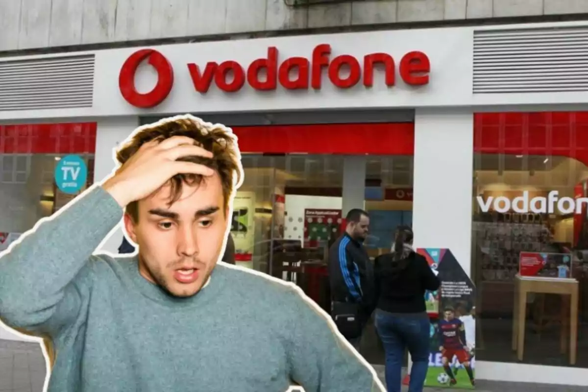 Un home amb expressió de sorpresa davant d'una botiga de Vodafone.