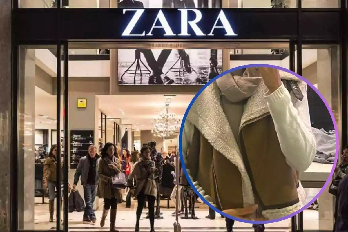 Muntatge amb l'exterior d'una botiga de Zara i un cercle amb l'armilla curta doble faç