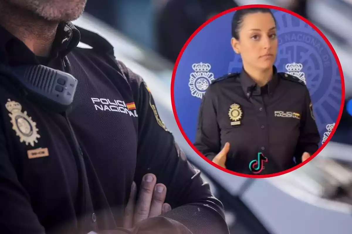Imatge de fons del pit d'un agent de la Policia Nacional amb l'uniforme posat i una altra imatge en primer pla d'una agent de la Policia Nacional amb un logotip de Tik Tok