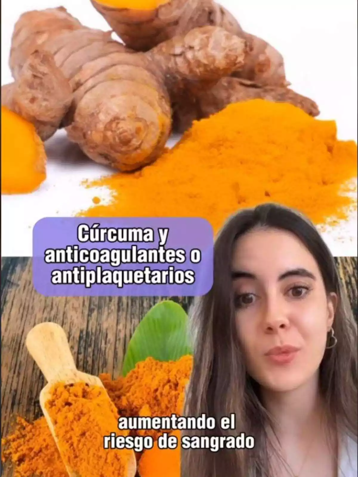 Captura del TikTok de @infarmar-te en què surt ella parlant amb una bata i de fons fotos de cúrcuma amb text que diu Captura del TikTok de @infarmar-te en què surt ella parlant amb una bata i de fons fotos de cúrcuma amb text que diu