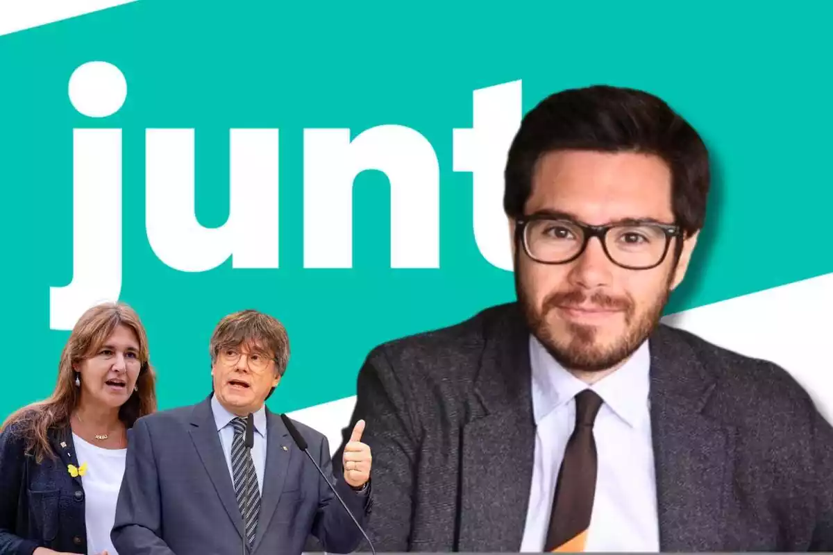 Muntatge fotogràfic amb el periodista Toni Aira, amb Puigdemont i Laura Borràs, amb el logotip de Junts de fons