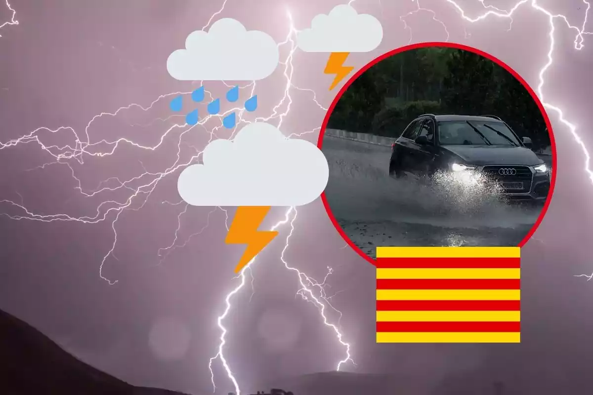 Muntatge amb raigs i pluja, la bandera de Catalunya i un cotxe travessant un toll d'aigua