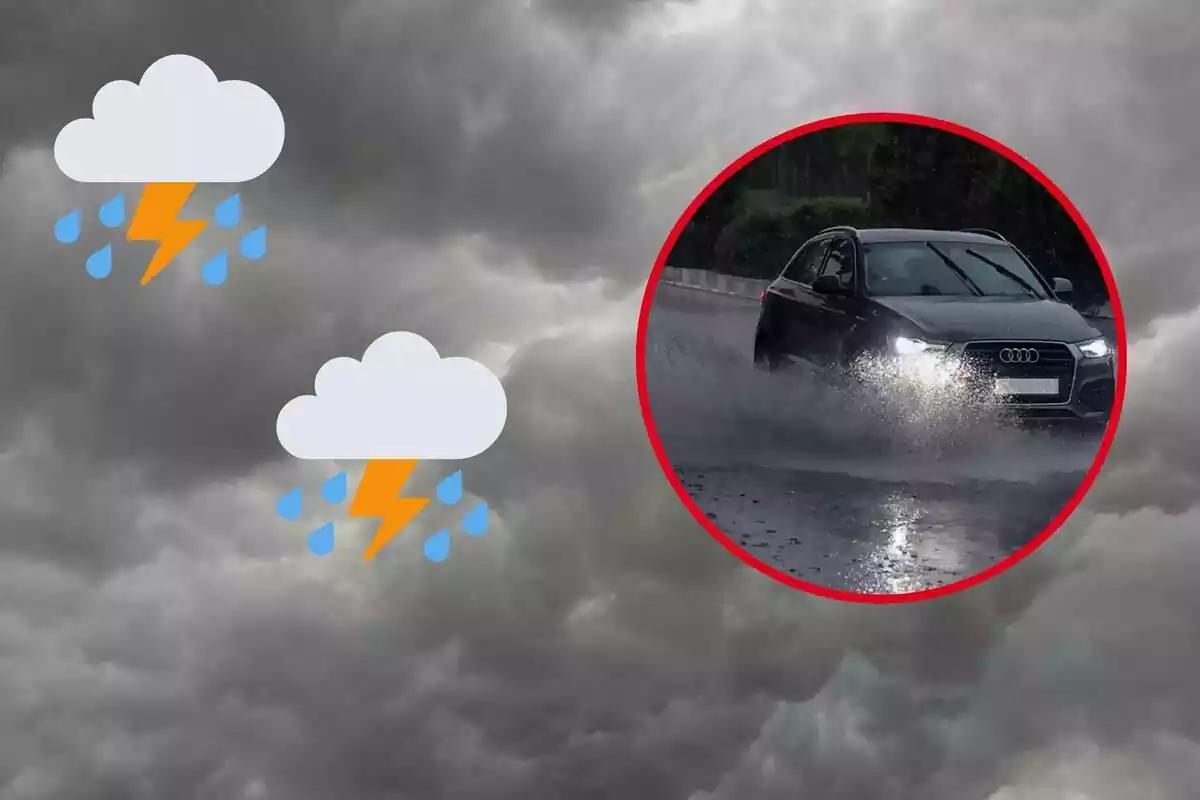 Muntatge amb un cel molt amenaçador, un cotxe travessant un toll d'aigua i diversos núvols de tempesta