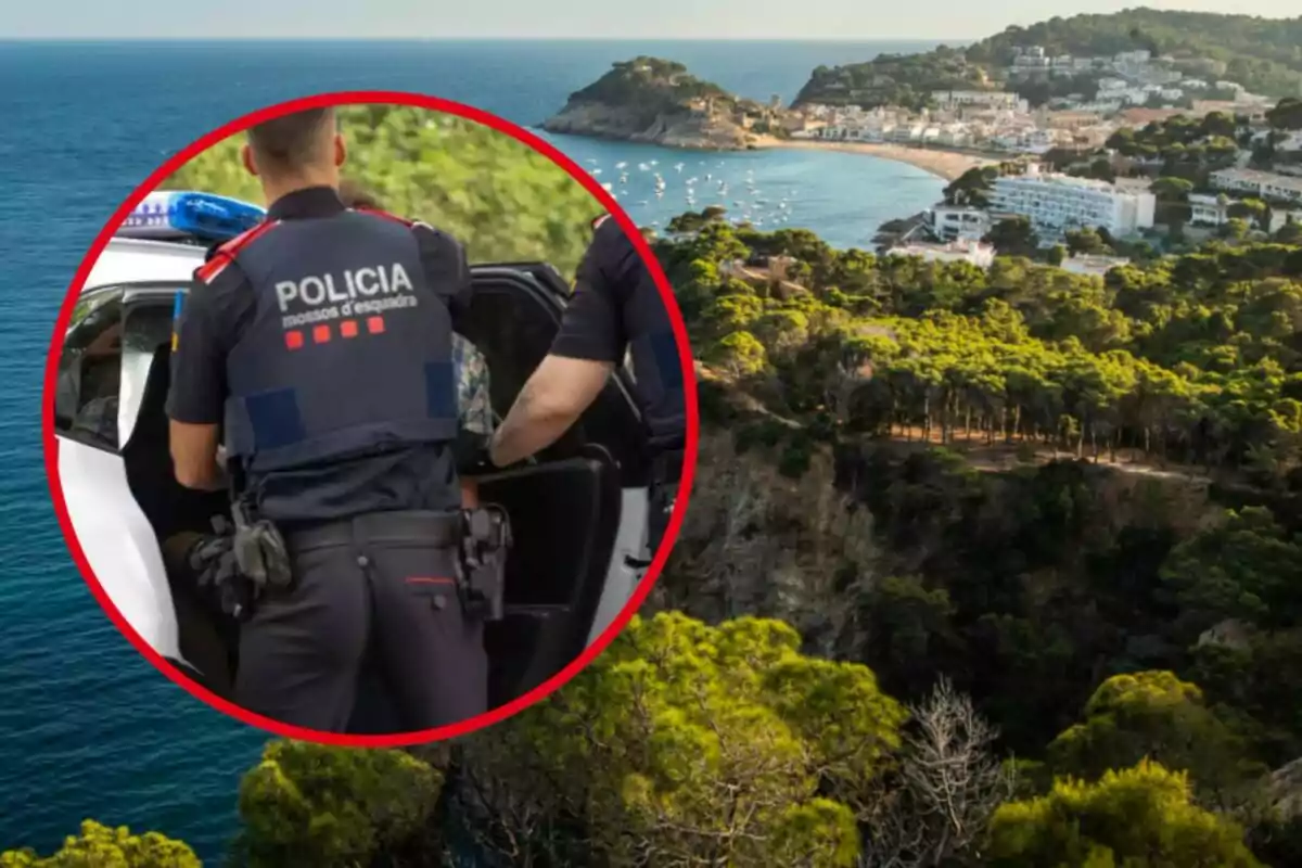 Una imatge mostra un oficial de policia dels Mossos d'Esquadra arrestant una persona, amb un fons d'un paisatge costaner amb un poble i el mar.