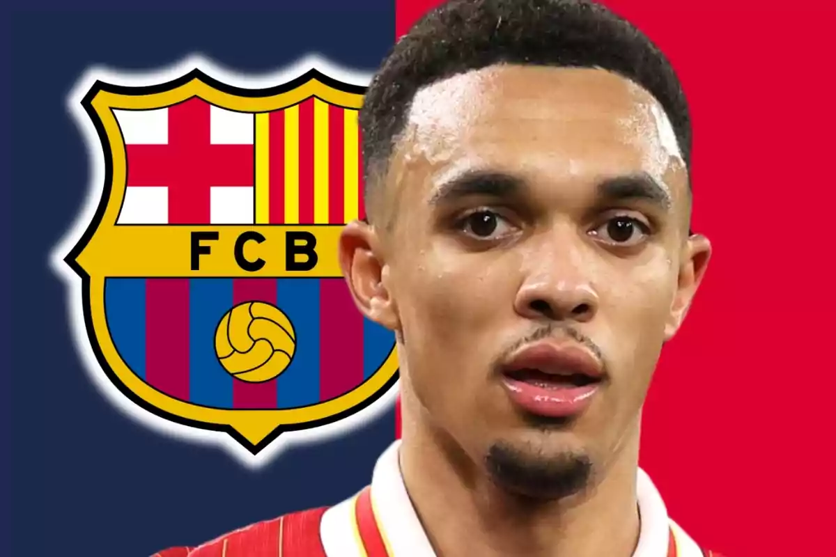 A player with the FC Barcelona crest in the background.