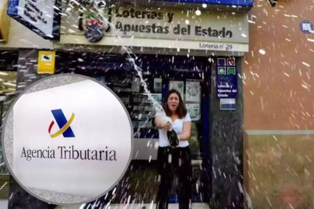 Dona celebrant el premi de la loteria de Nadal amb el logo de l'agència tributària espanyola
