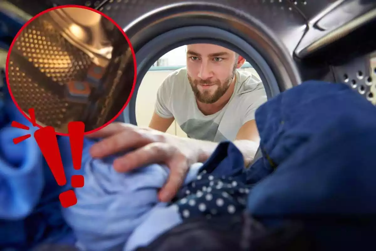 Imatge de fons d´un home ficant la mà en una rentadora plena de roba i una altra imatge d´una rentadora per dins buida, amb dues pastilles de rentavaixelles