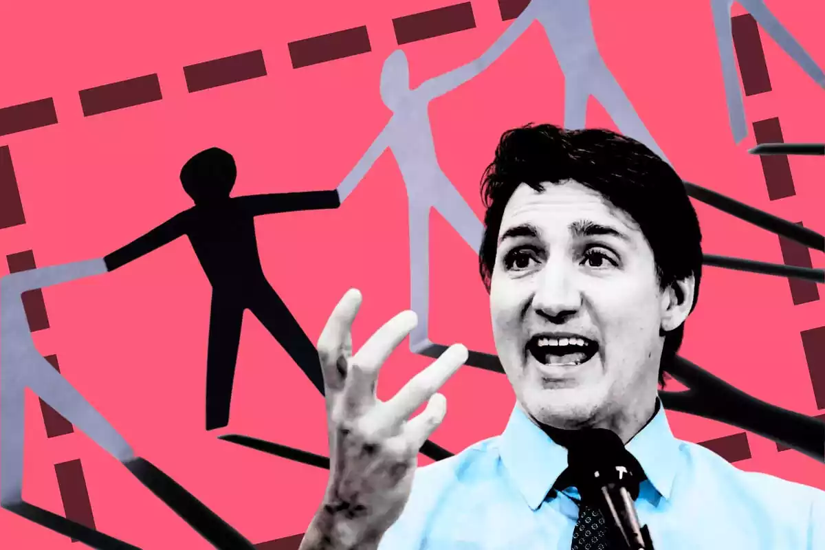 Imatge de Trudeau, primer ministre de Canadà, amb unes figures retallades de paper