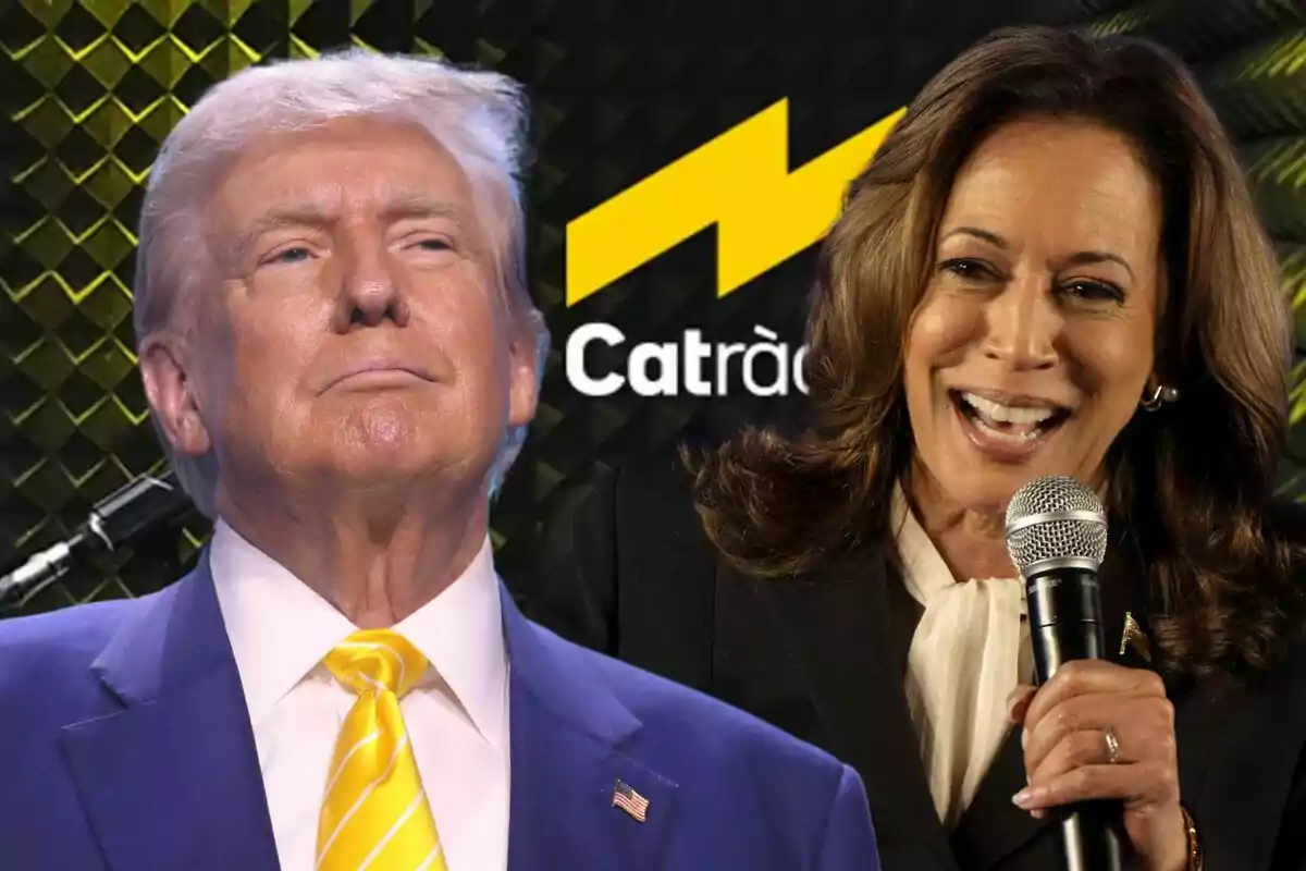 Donald Trump i Kamala Harris en un esdeveniment amb un fons de logotip groc i negre.