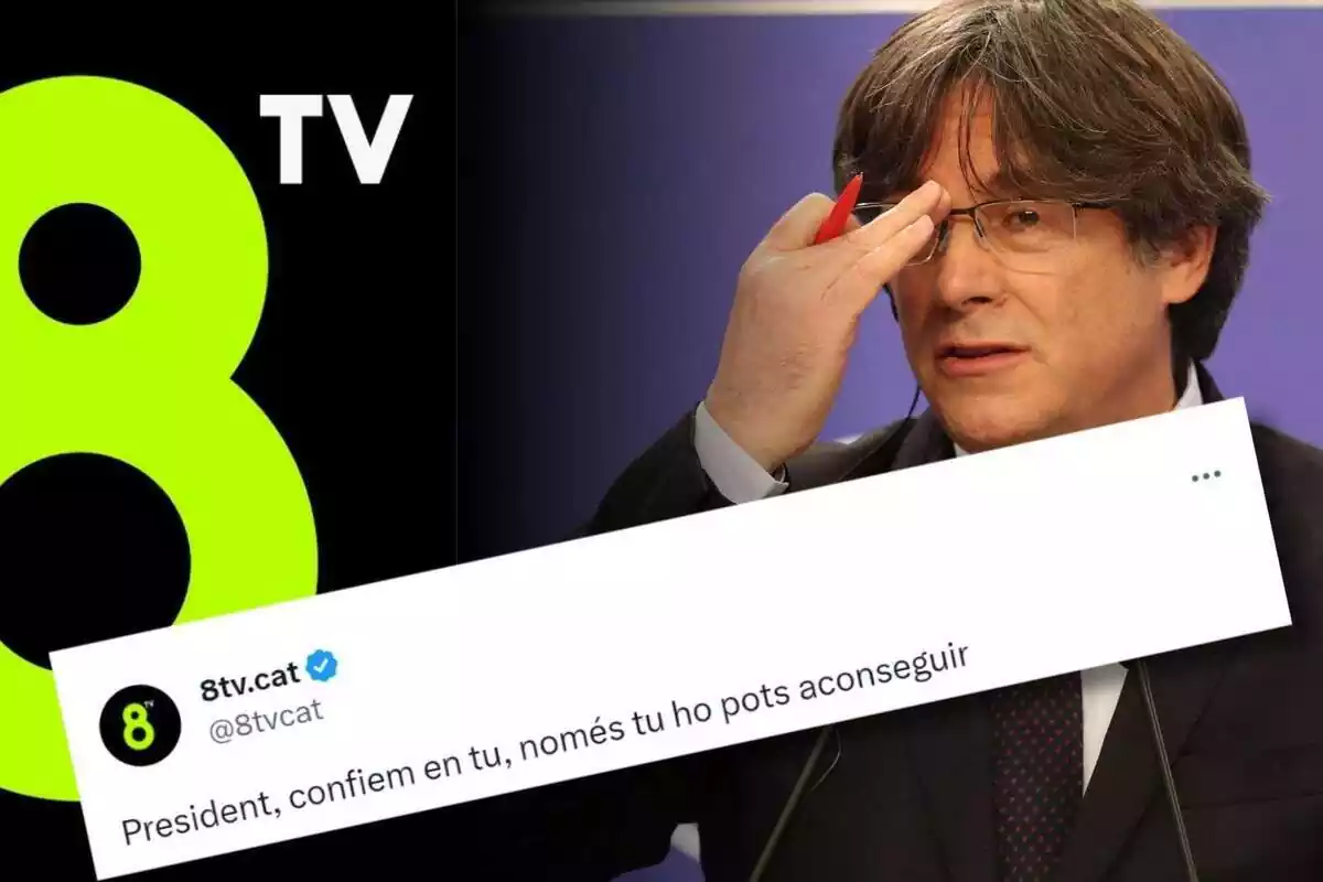 Muntatge amb el logotip de 8tv, Carles Puigdemont i la captura d'un missatge de twitter on la cadena de televisió envia un missatge de suport al polític català