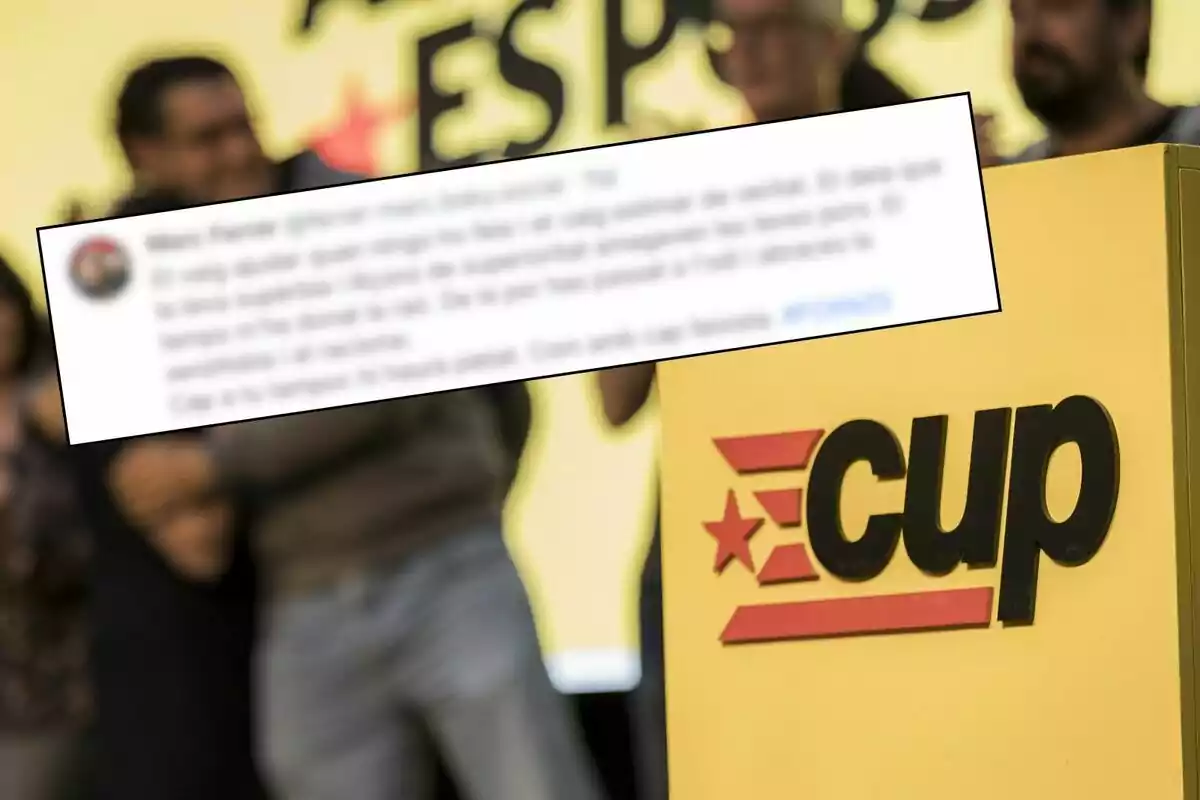 A yellow poster with the CUP logo in the foreground and blurred people in the background, next to a box with blurry text.