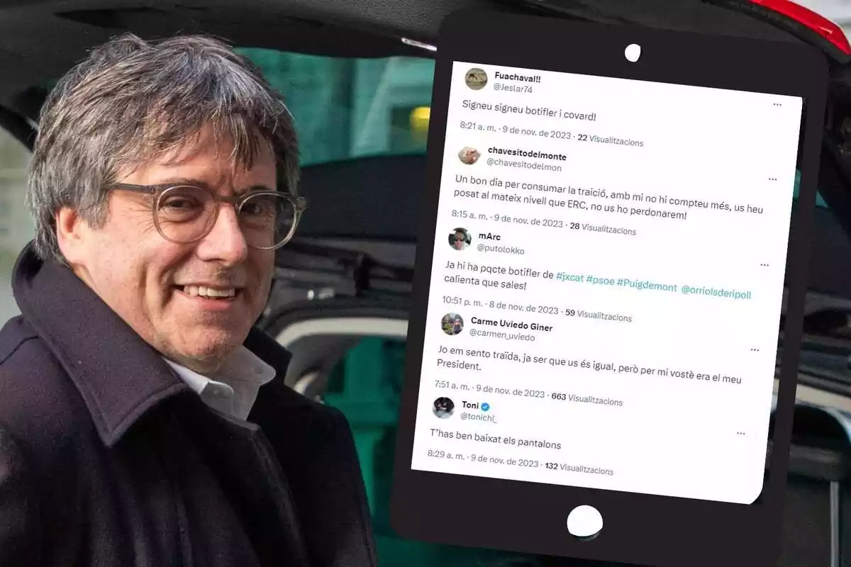 Muntatge amb el polític català Carles Puigdemont, molt somrient, amb un recopilatori de tuits mostrant el rebuig al pacte amb el PSOE