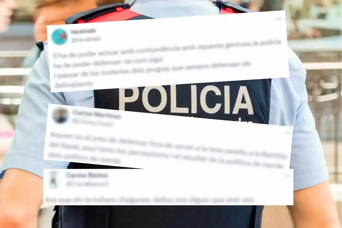 La imatge mostra un agent de policia d?esquena amb diversos comentaris superposats en català.