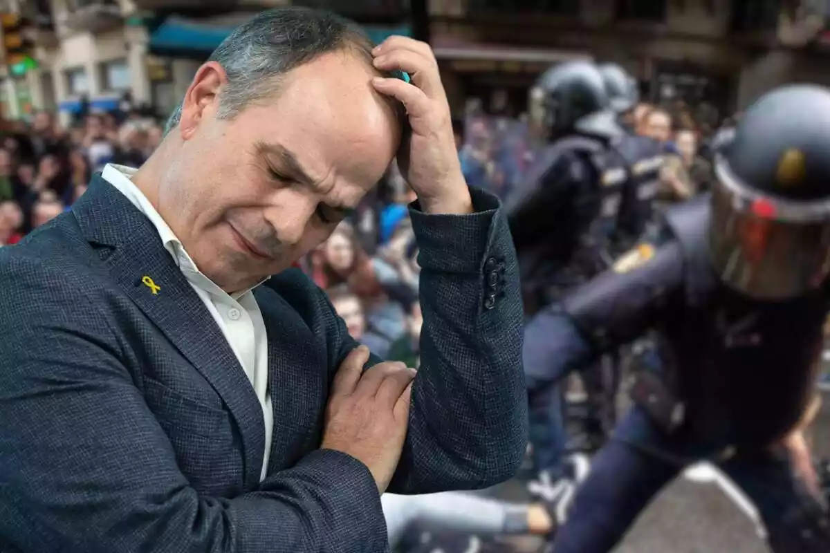 Muntatge amb jordi turull pensatiu amb les càrregues policials de l'1 d'octubre a Catalunya de fons