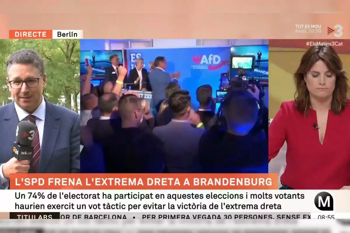 Un periodista informa des de Berlín mentre es mostra una celebració d?AfD i una presentadora en un estudi de televisió.