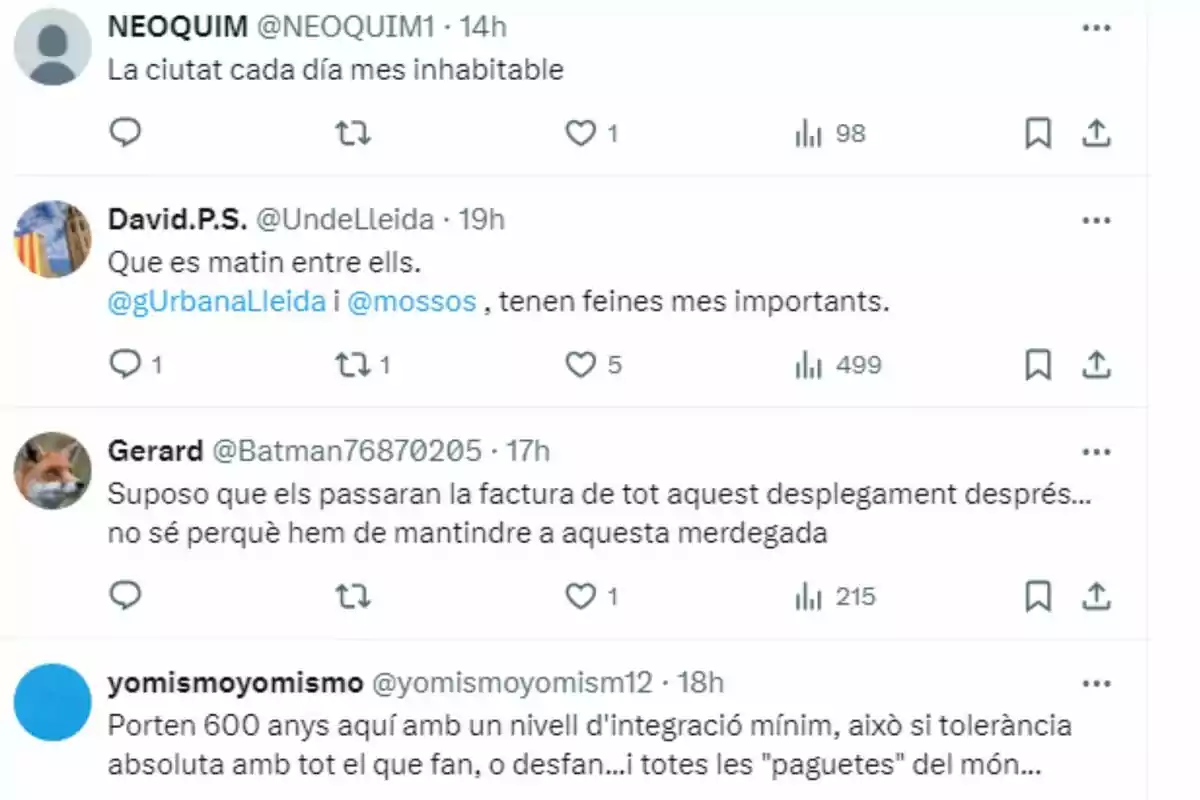 Captura de pantalla d'una sèrie de tuits en català, on els usuaris expressen el descontentament amb la situació de la ciutat i l'actuació de les autoritats locals. Captura de pantalla d'una sèrie de tuits en català, on els usuaris expressen el descontentament amb la situació de la ciutat i l'actuació de les autoritats locals.