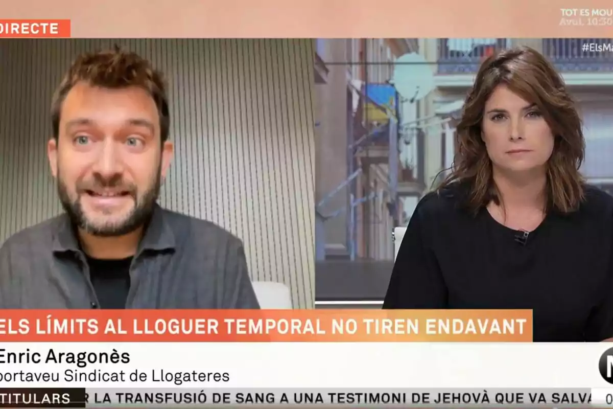 Dues persones en una videotrucada en un programa de televisió en directe amb un tema sobre els límits del lloguer temporal.