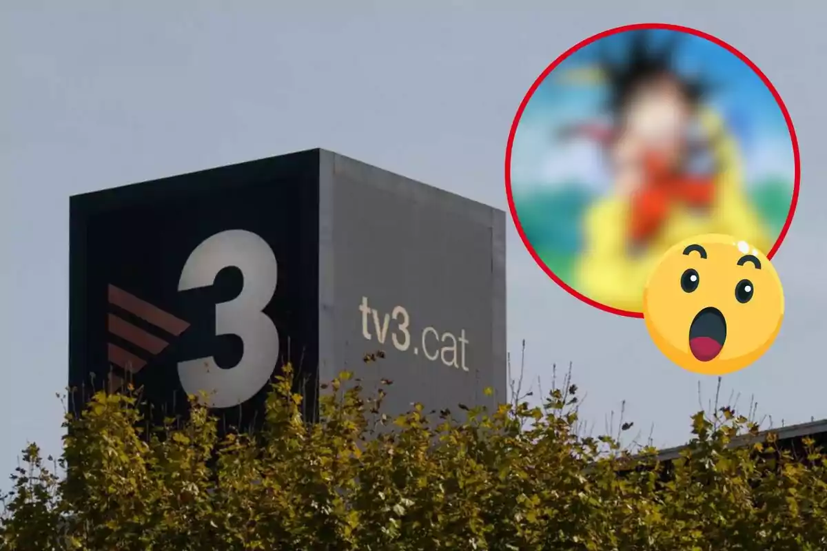 Edifici de TV3 amb un cercle borrós i un emoji sorprès a la cantonada superior dreta.