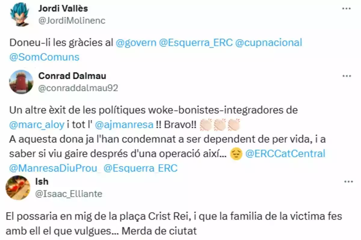 Screenshot of three tweets in Catalan where users criticize political parties and express their outrage over a situation involving a victim and municipal decisions in Manresa.