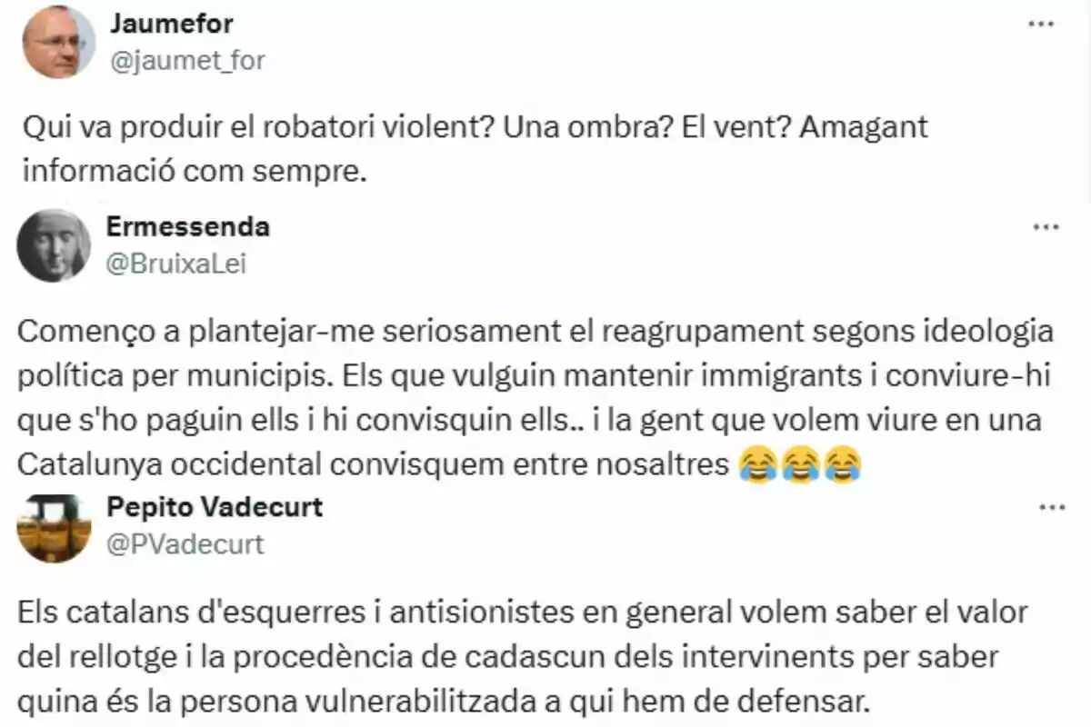 Three tweets in Catalan from different users discussing violent robberies, immigration, and ideological differences in Catalonia