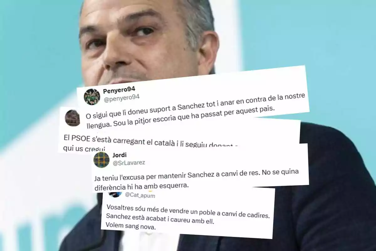 Un home de cabell curt i canós apareix al fons, mentre en primer pla se superposen diversos tuits en català amb crítiques polítiques.