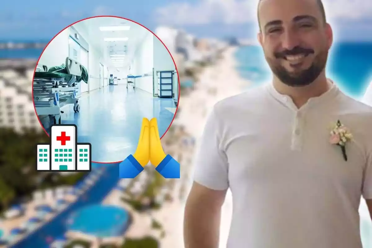 Adrián fernández amb un muntatge d'una foto de cancó de fons i una foto d'un hospital amb emojis