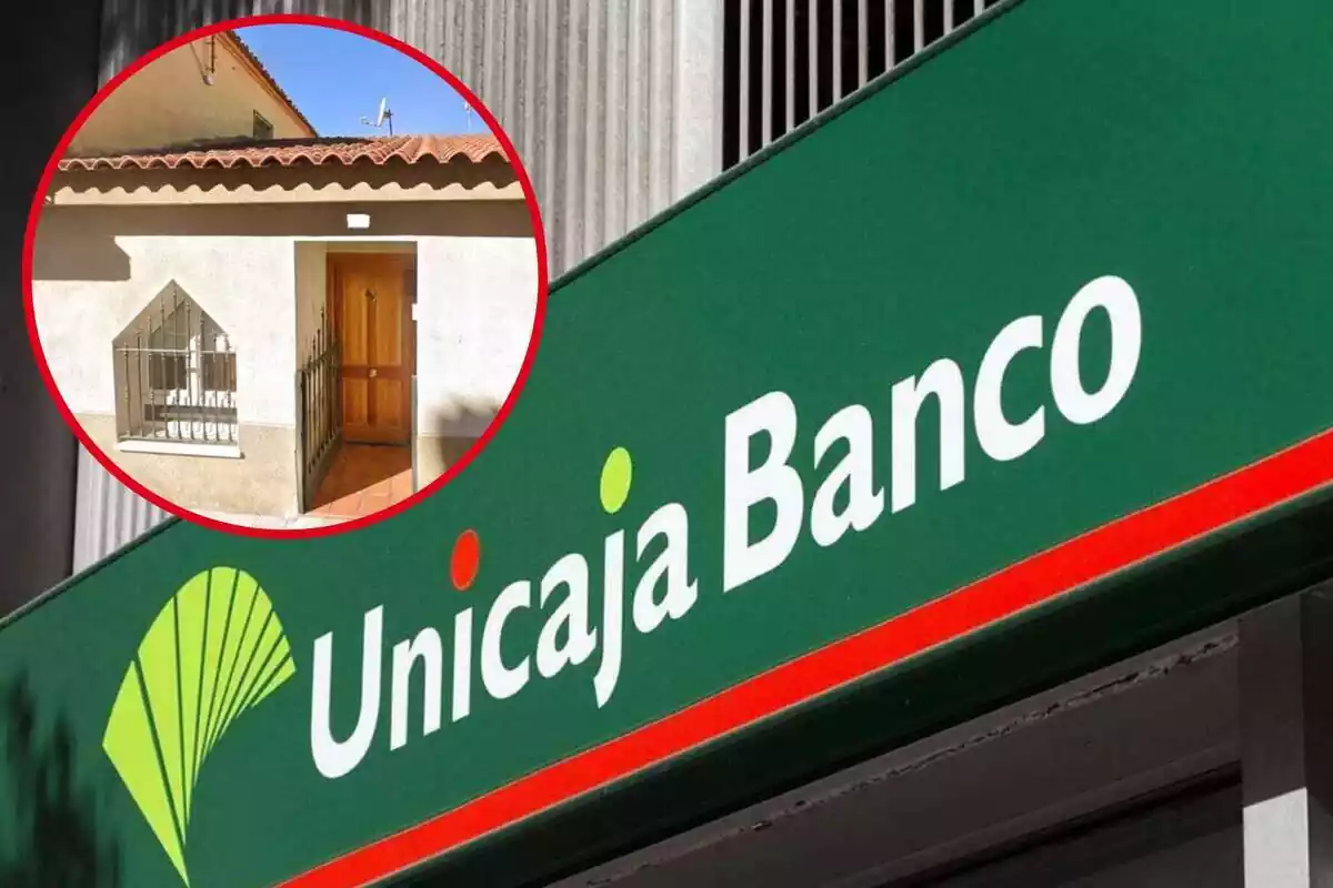 Imatge de fons d'un logotip d'Unicaja Banc i una altra imatge de la façana d'una casa a Quintanar de l'Ordre