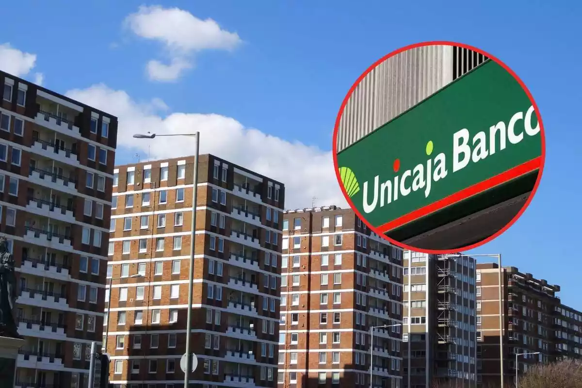 Muntatge amb blocs d'habitatges i el logotip d'Unicaja