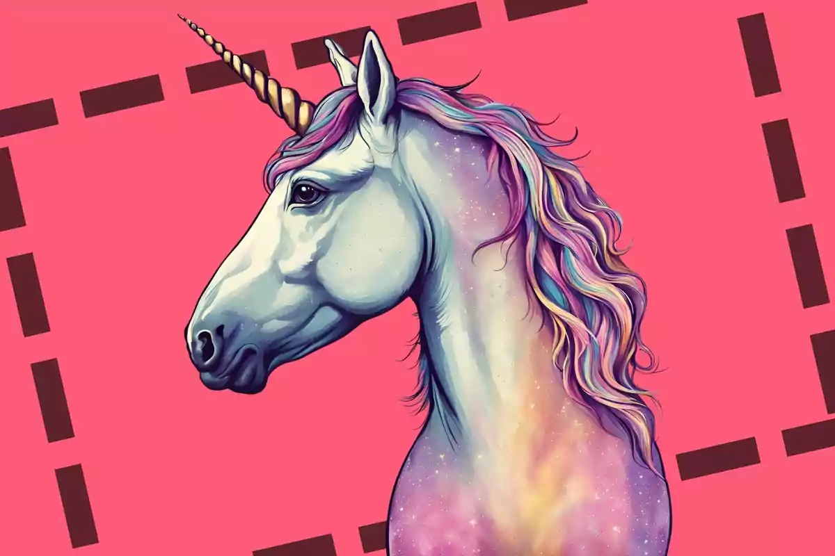 Il·lustració d'un unicorn amb una banya daurada i cabellera de colors sobre un fons rosa amb un disseny de línies marrons.