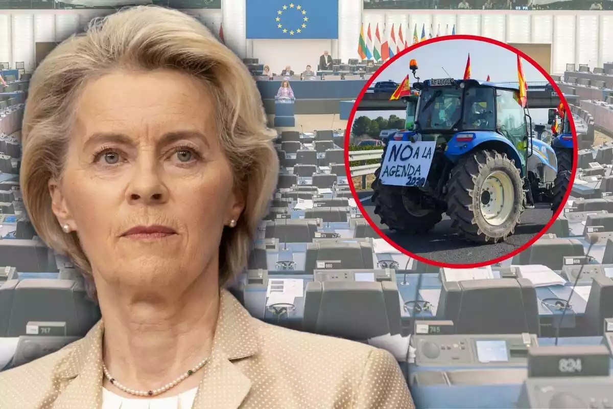 Muntatge amb un primer pla d'Ursula von der Leyen, un marc amb una foto d'un tractor amb una pancarta de 'no a l'agenda 2030' i de fons una imatge del Parlament Europeu