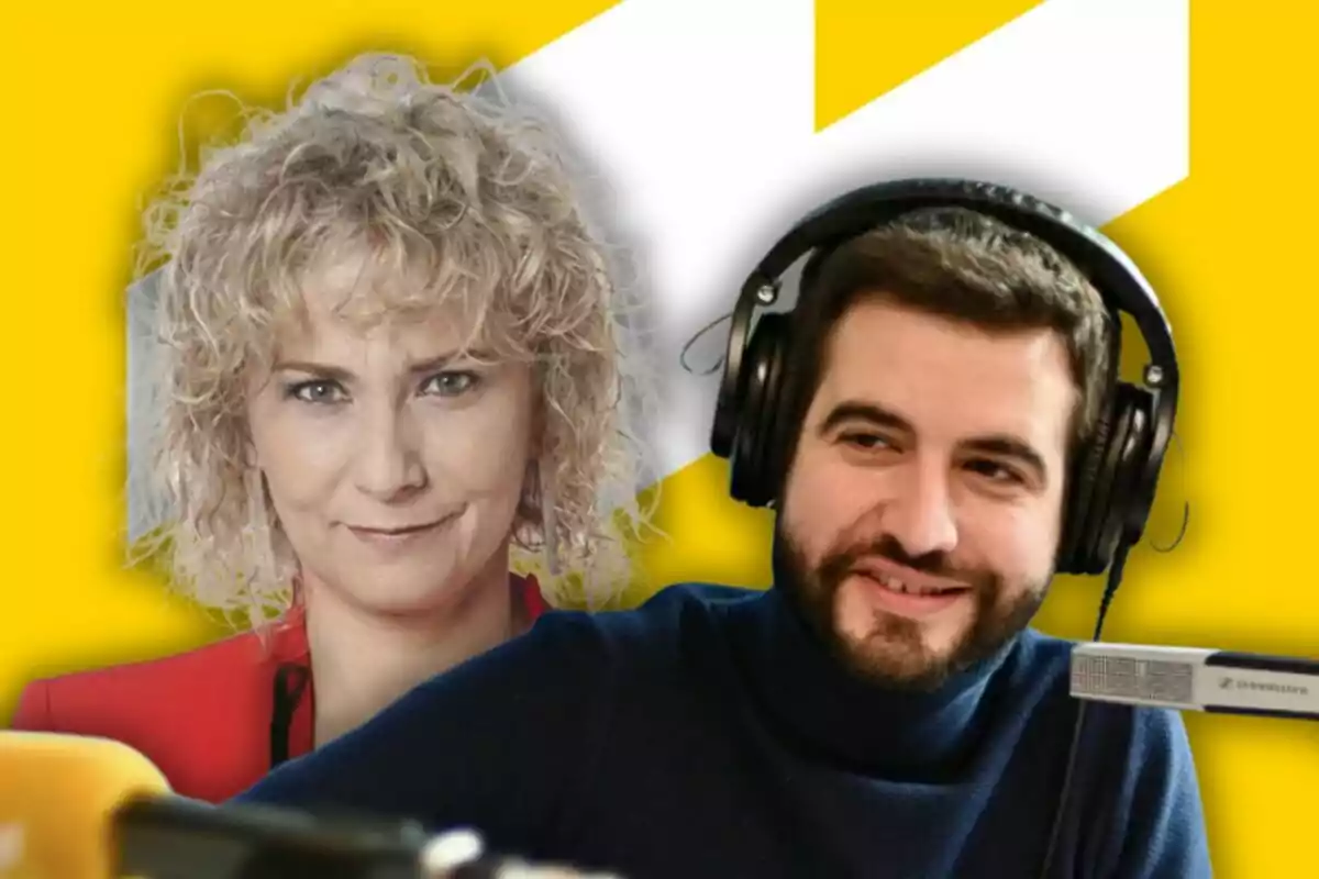 Two people against a yellow background, a woman with curly hair and a man with headphones and a microphone.