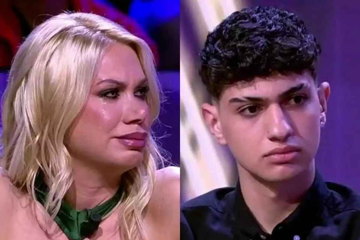 Vanessa de Gran Hermano plorant a l'esquerra amb el seu fill Alexandre amb expressió seriosa a la dreta, tots dos al plató de De Viernes.