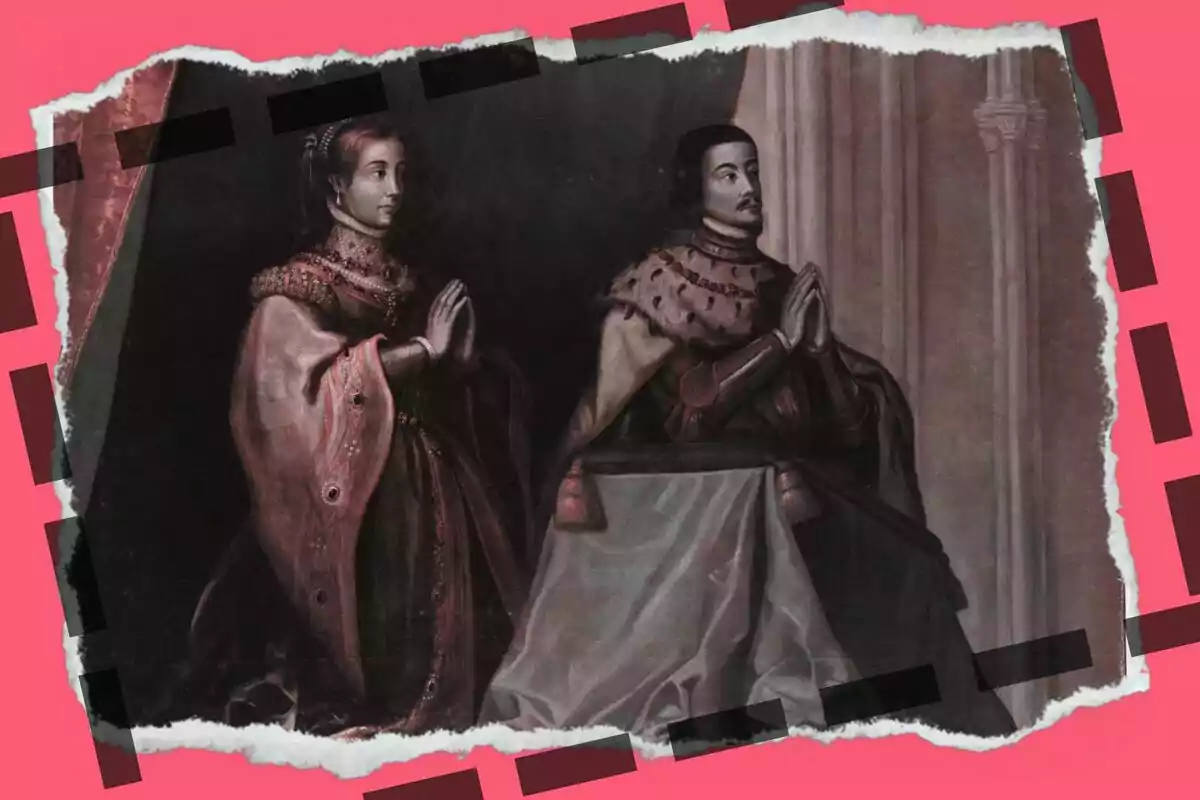 Una pintura antiga mostra dues figures reals, Els Reis Catòlics, vestits amb vestits elegants i capes amb adorns, tots dos en posició de pregària, amb un fons fosc i una vora esquinçada sobre un fons rosa.